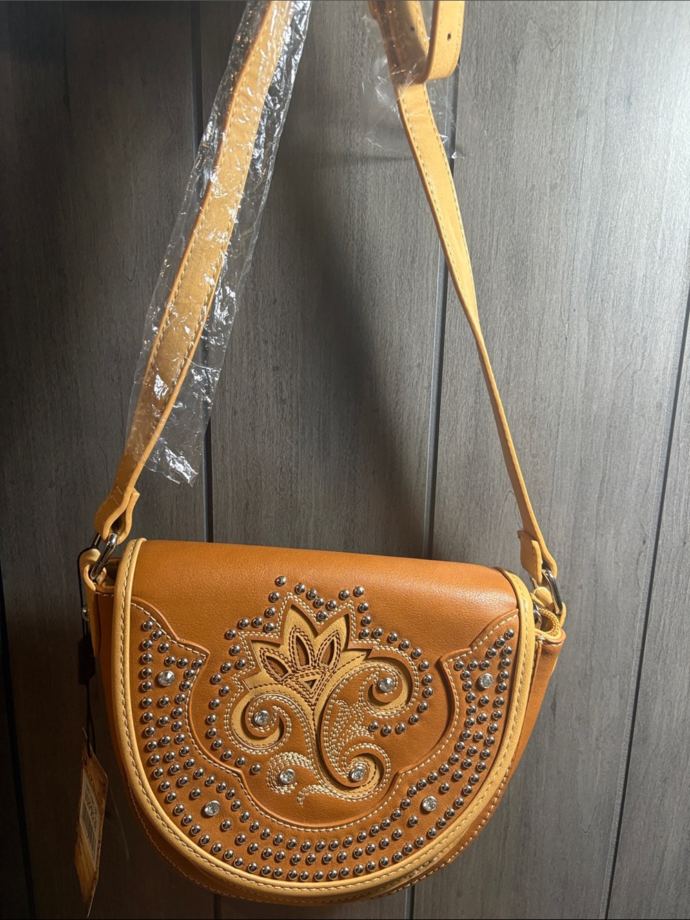 Montana West Women’s Crossbody Saddle Bag in Tan with Stud Embellishment
#15